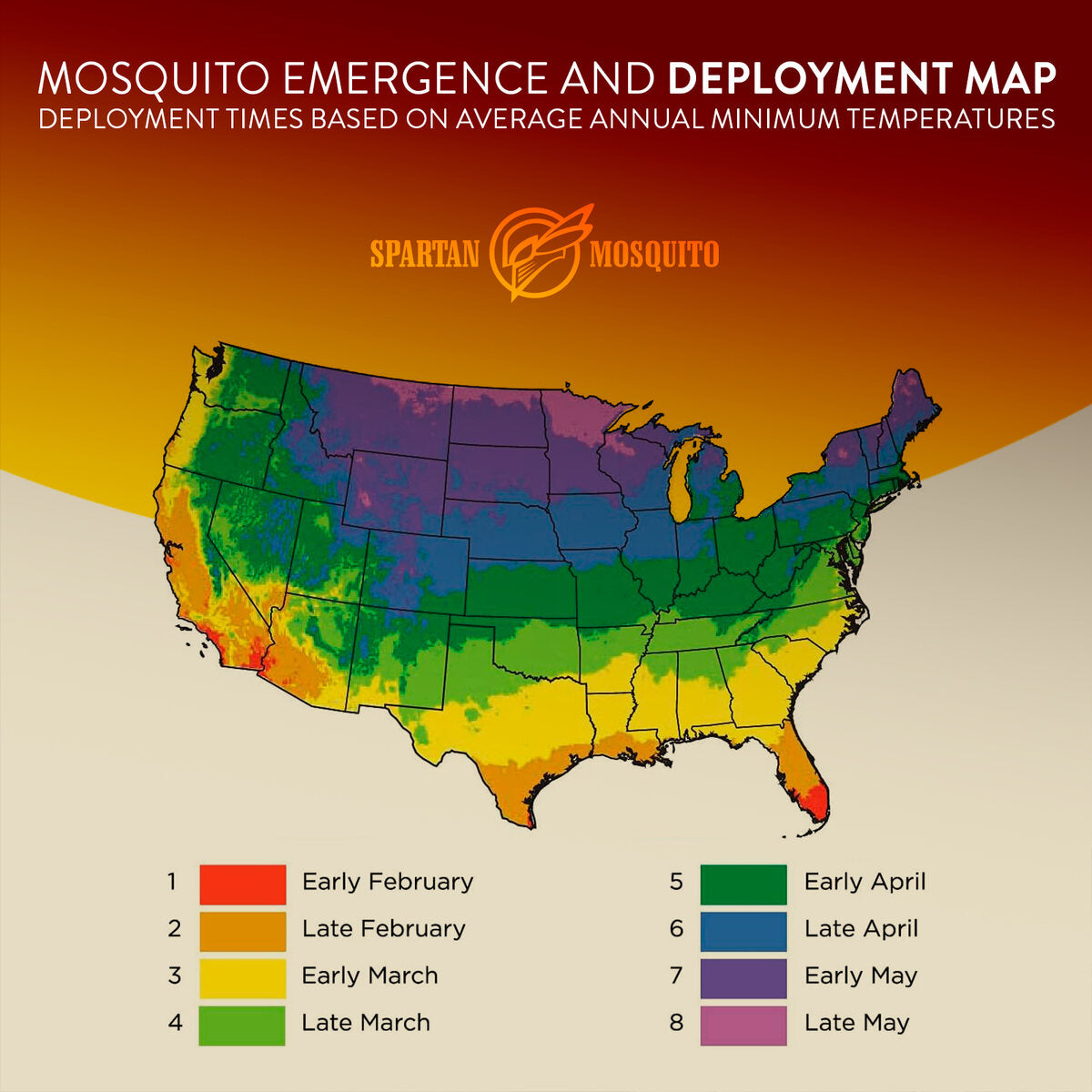 United States mosquito emergence and deployment map, color coded by average minimum temperatures